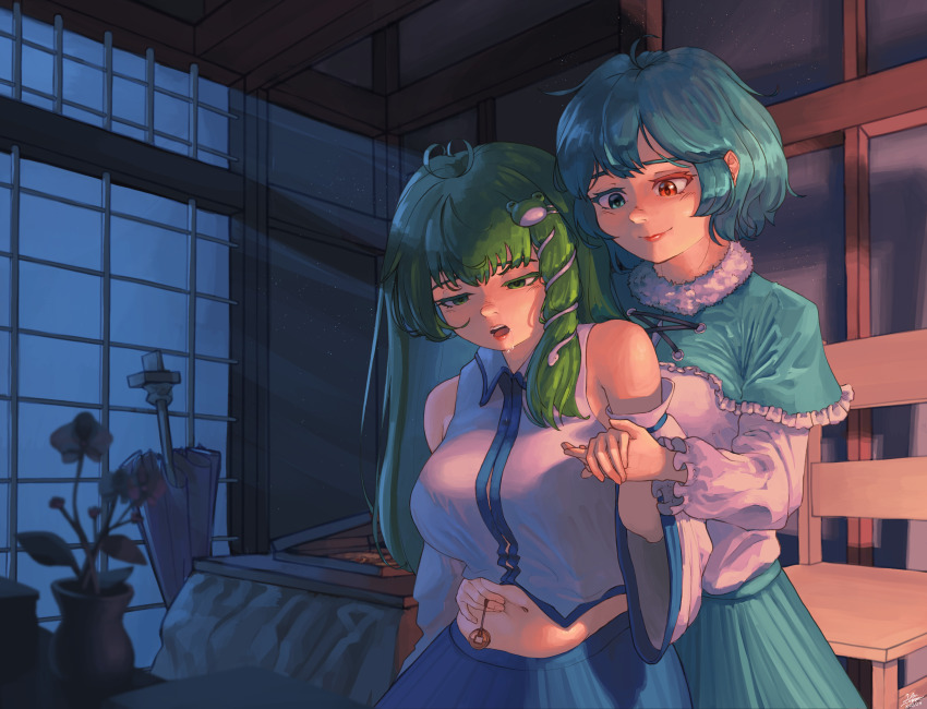 ahoge bare_shoulders blue_hair braid breasts chair coin drool female_only femdom femsub green_eyes green_hair groping hair_ornament heart_eyes heterochromia hippppo holding_hands kogasa_tatara large_breasts midriff multiple_girls navel pendulum sanae_kochiya shrine_maiden skirt touhou yuri