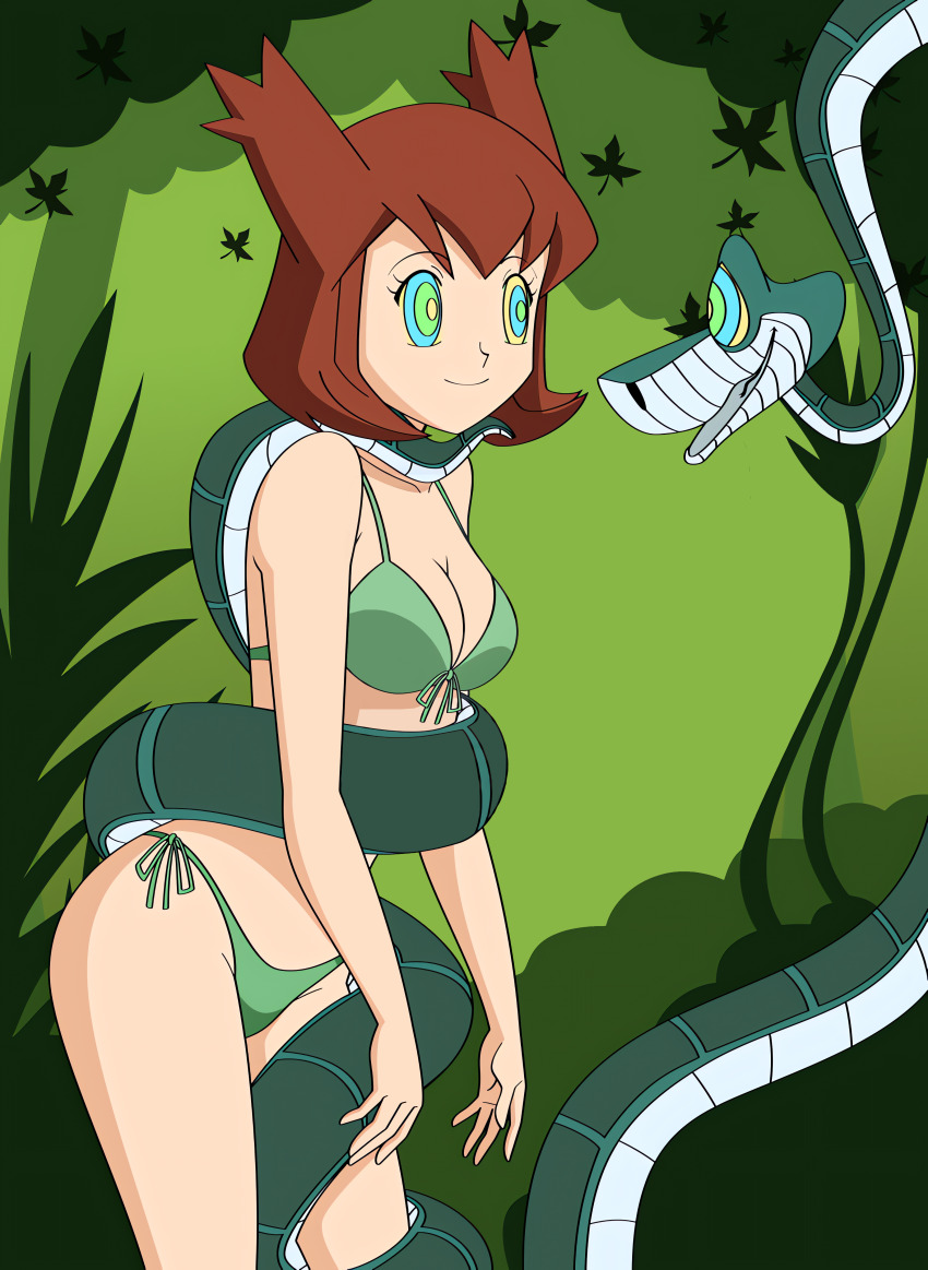 bianca_(pokemon_movie_5) bikini breasts brown_hair coils disney femsub happy_trance hypnotic_eyes jimryu kaa kaa_eyes leaning_forward nintendo pokemon pokemon_heroes:_latios_&_latias slouching smile snake the_jungle_book yratnemele_(manipper)