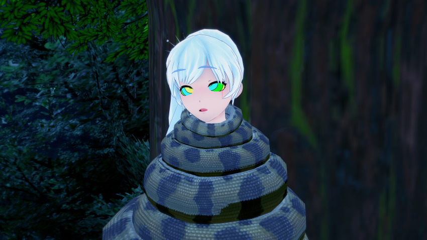 3d bikini blue_eyes breasts cleavage coils confused disney kaa kaa_eyes large_breasts leaning_forward leopard_print lipstick long_hair makeup mmd mrkoiru open_mouth outdoors pale_skin ponytail rwby sitting snake the_jungle_book trees weiss_schnee white_hair