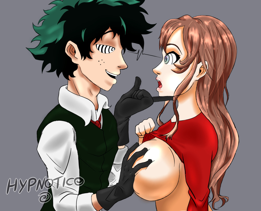 brown_hair empty_eyes green_hair groping hypnotic_eyes hypnotico izuku_midoriya large_breasts my_hero_academia red_eyes spiral_eyes undressing