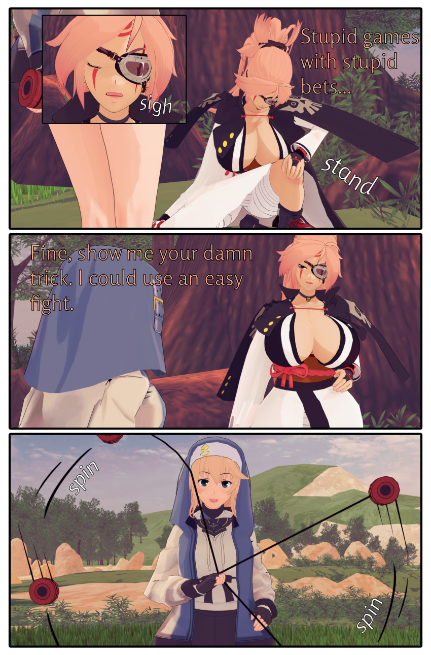 3d amputee androgynous androgynous_dom baiken blonde_hair blue_eyes breasts bridget_(guilty_gear) cleavage comic eyepatch femsub guilty_gear koikatsu! large_breasts pendulum pink_hair red_eyes text thehguy transfem transgender_identity yoyo