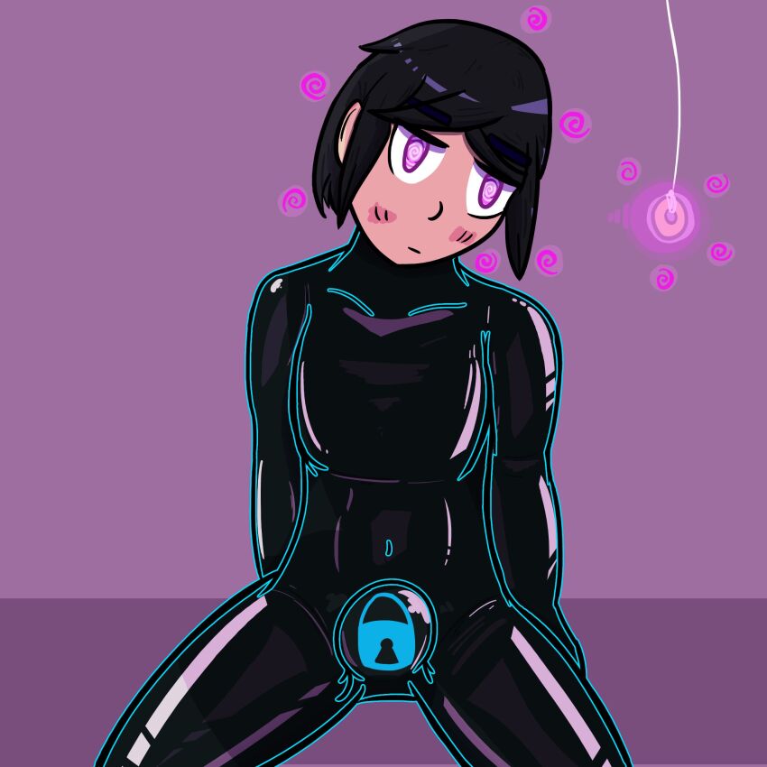 black_hair blush bodysuit bulge coin expressionless eyebrows_visible_through_hair female_only femsub glowing good_sub_conditioning iris_azure kneeling latex magic null_bulge original pendulum purple_background purple_eyes short_hair simple_background sitting solo spiral_eyes tight_clothing trance_delightful transfem transgender_identity