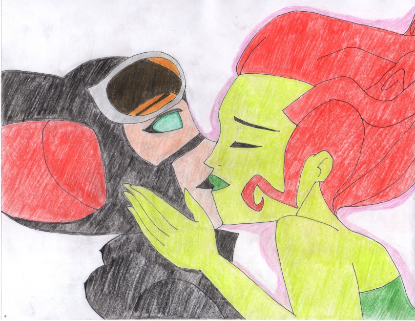 absurdres batman_(series) black_lipstick catwoman empty_eyes female_only femdom femsub goggles green_eyes green_lipstick green_skin hand_on_another's_cheek hypnotic_kiss kissing poison_ivy red_hair traditional