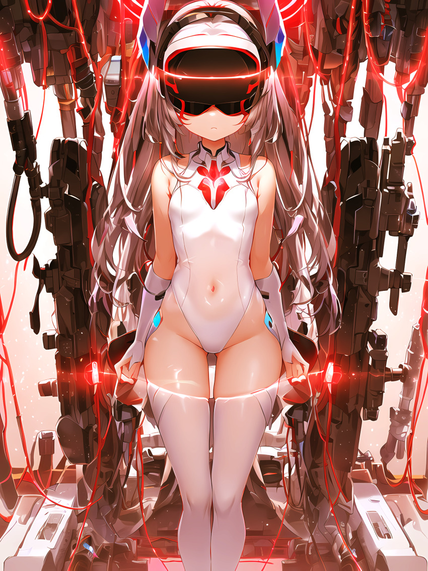 ai_art brown_hair cables corruption expressionless female_only femsub fingerless_gloves gloves glowing high_heels koimin4_(generator) leotard long_hair navel novelai_(ai) small_breasts solo standing tech_control thigh_boots thighhighs visor