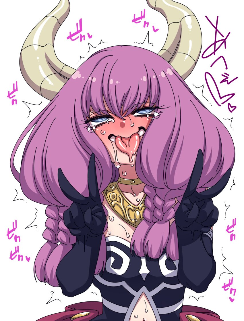 ahegao aura_(frieren:_beyond_journey's_end) demon_girl double_v embarrassed female_only femsub forced_orgasm frieren:_beyond_journey's_end gloves horns orgasm_command purple_hair solo tongue_out v