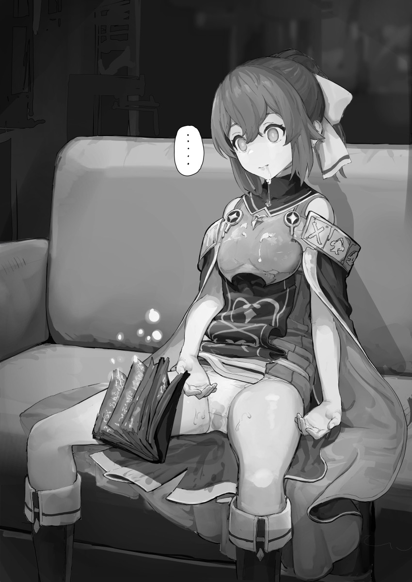 absurdres after_sex book boots breasts cape cum cum_in_mouth cum_on_body cum_on_breasts cum_on_clothes delthea drool female_only femsub fire_emblem fire_emblem_echoes greyscale hair_ribbon long_hair magic mayonaka monochrome nintendo panties ponytail sequence sitting smile solo spread_legs tagme underwear