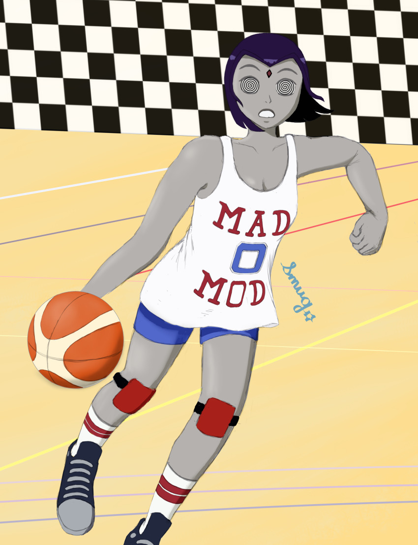 absurdres bare_shoulders basketball breasts dc_comics expressionless female_only femsub grey_skin knee_pads mad_mod open_mouth purple_hair raven ring_eyes short_hair smugsneasel solo spiral_eyes sportswear super_hero symbol_in_eyes tank_top teen_titans