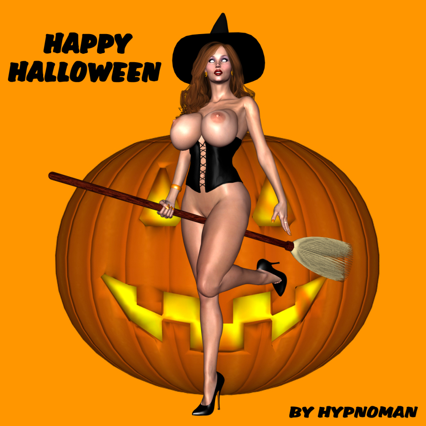 3d breasts brown_hair collarbone cosplay earrings erect_nipples expressionless femsub halloween hat high_heels huge_breasts hypnoman jewelry long_hair original priscilla_(hypnoman) text thick_thighs topless white_eyes