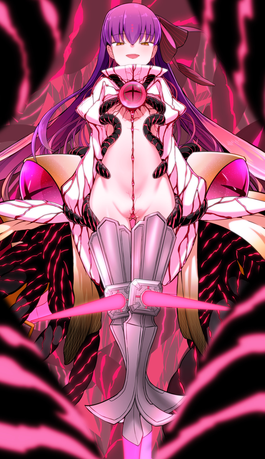 armor corruption dead_source evil_smile fate/extra_ccc fate/grand_order fate_(series) female_only femdom femsub glowing kiara_sessyoin legs meltryllis midriff navel open_mouth petite possession purple_hair pussy pussy_tentacles tentacles thigh_boots thigh_gap thighs very_long_hair yellow_eyes yoosai