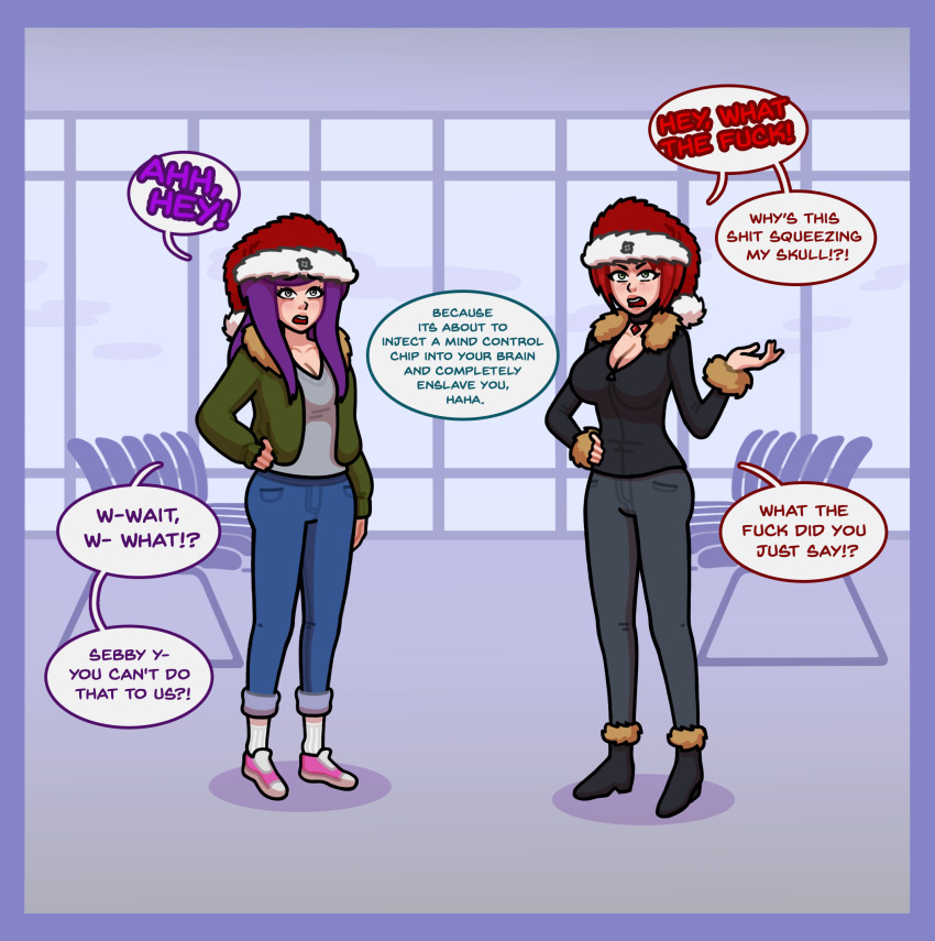 angry choker clothed dialogue femsub fur_coat jacket maledom multiple_girls original purple_hair red_hair santa_hat sequence text unlikely