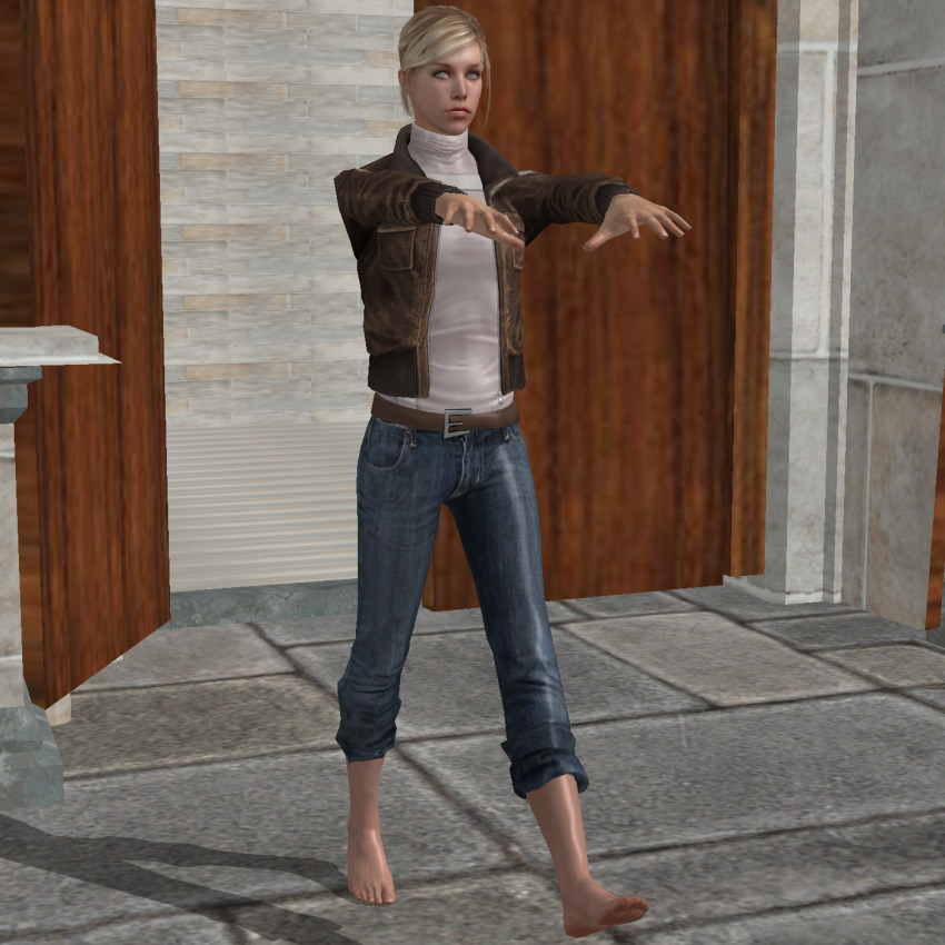 3d assassin's_creed barefoot belt blonde_hair breasts expressionless female_only femsub jeans lucy_stillman solo vg-mc white_eyes zombie_walk