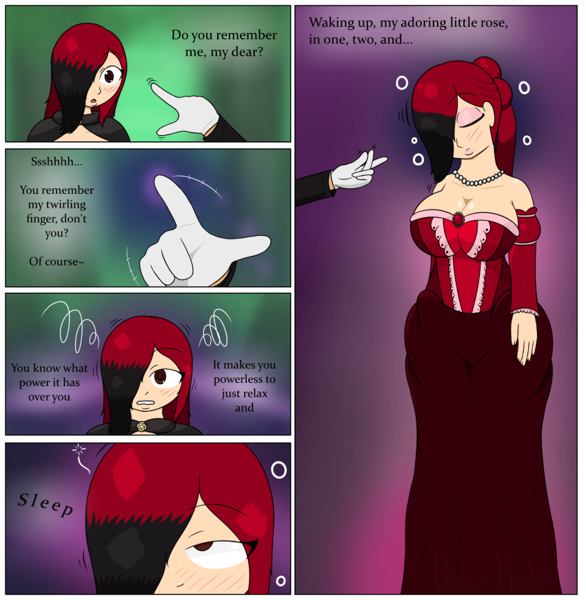 breasts brown_hair closed_eyes comic doc-helix dress eye_roll femsub gloves hair_covering_one_eye huge_breasts hypnotic_fingers multicolored_hair necklace original red_dress red_hair resisting sleep_command sleeping text trigger veronica_(doc-helix)
