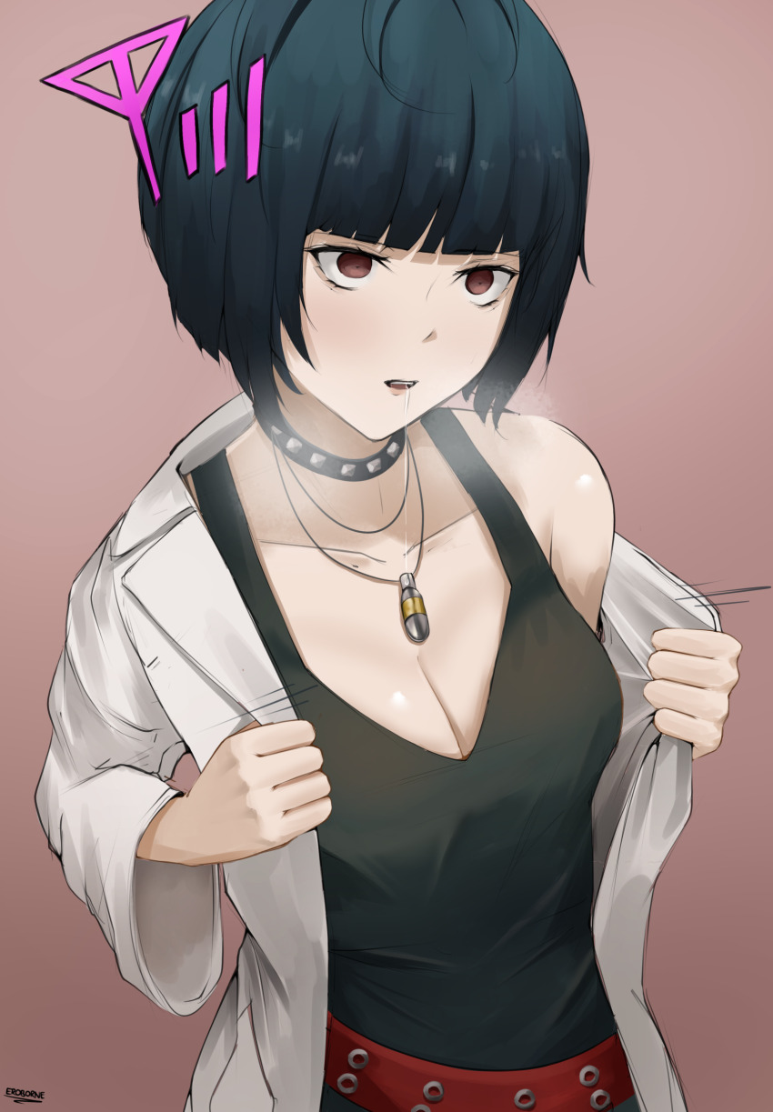 bangs blue_hair breasts breath brown_eyes choker cleavage control_indicator doctor drool empty_eyes eroborne expressionless femsub gameplay_mechanics goth lab_coat necklace persona_(series) persona_5 short_hair simple_background straight-cut_bangs tae_takemi tank_top undressing