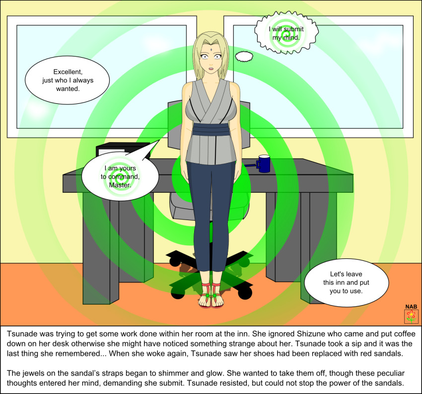 blonde_hair breasts dialogue empty_eyes femsub large_breasts long_hair nabs001 naruto_(series) sandals spiral text tsunade