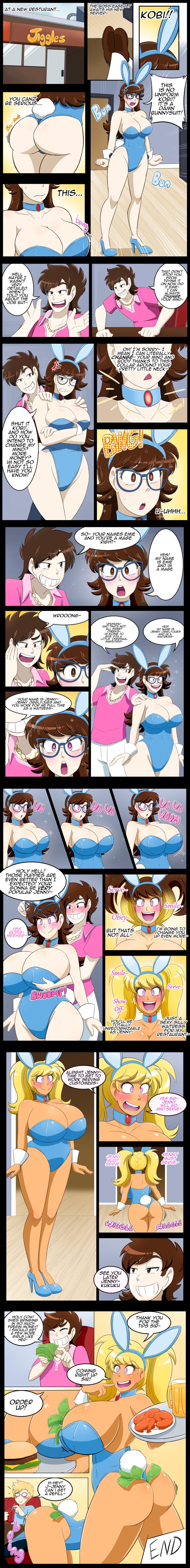 bent_over bimbofication blonde_hair breast_expansion breasts brown_eyes brown_hair bunny_girl cleavage collar comic dark_skin emem_(sirdudemanyguy) glasses huge_breasts hypnotic_accessory kobi94 kobi_(kobi94) large_ass large_breasts large_hips long_hair money open_mouth original text thick_thighs transformation twintails waitress