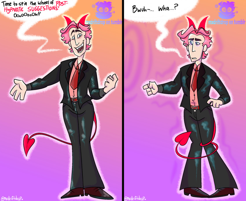 before_and_after clothed confused demon_boy dialogue fangs horns imp knees_together male_only malesub mx_driftdrop pink_hair simple_background smile speech_bubble standing suit tail text tie watermark