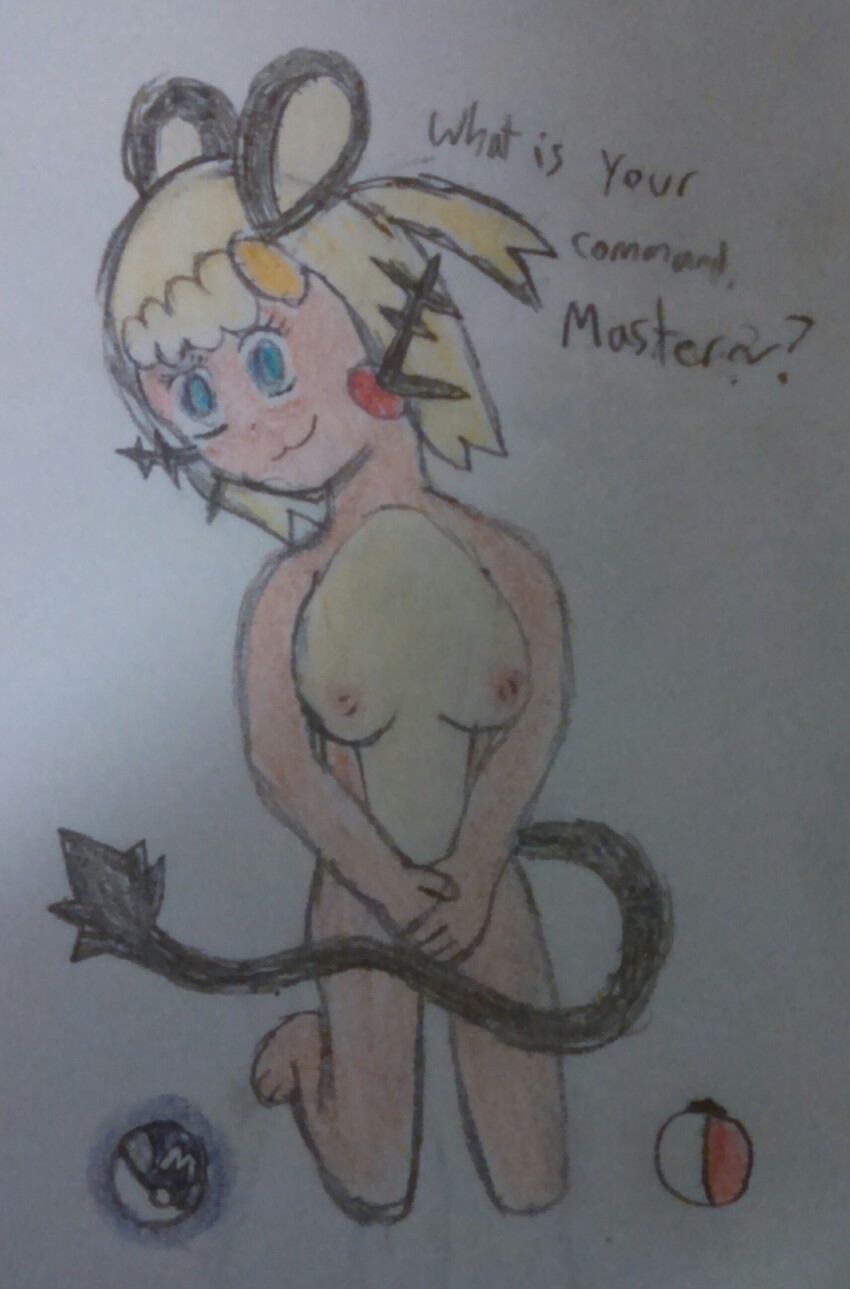 absurdres blonde_hair blue_eyes bonnie bottomless breasts daybreak dedenne femsub furry glowing glowing_eyes happy_trance nintendo nude pet_play pokemon pokemon_x_and_y smile text topless traditional transformation