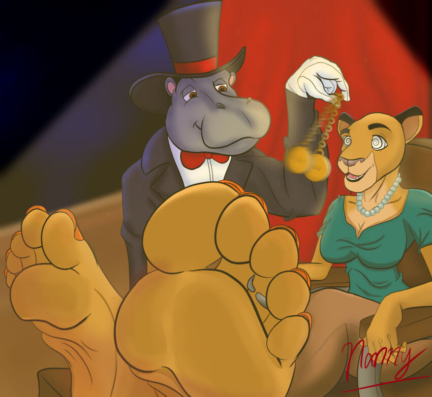 animal_ears cleavage feet femsub foot_focus furry gloves happy_trance harry_hippo_(hypnopotamus) hippo_boy large_breasts lion_girl magician maledom nail_polish nannymcfeet necklace original pocket_watch signature spiral_eyes stage_hypnosis tagme top_hat