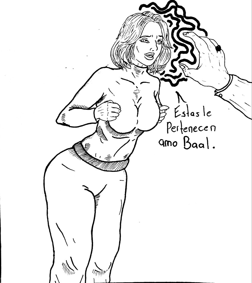 breasts cheryl_williams clothed dialogue evil_dead female_only femsub greyscale holding_breasts leaning_forward magic maledom perroloco08 phantom_hand simple_background sketch solo source_request spanish standing tagme text white_background
