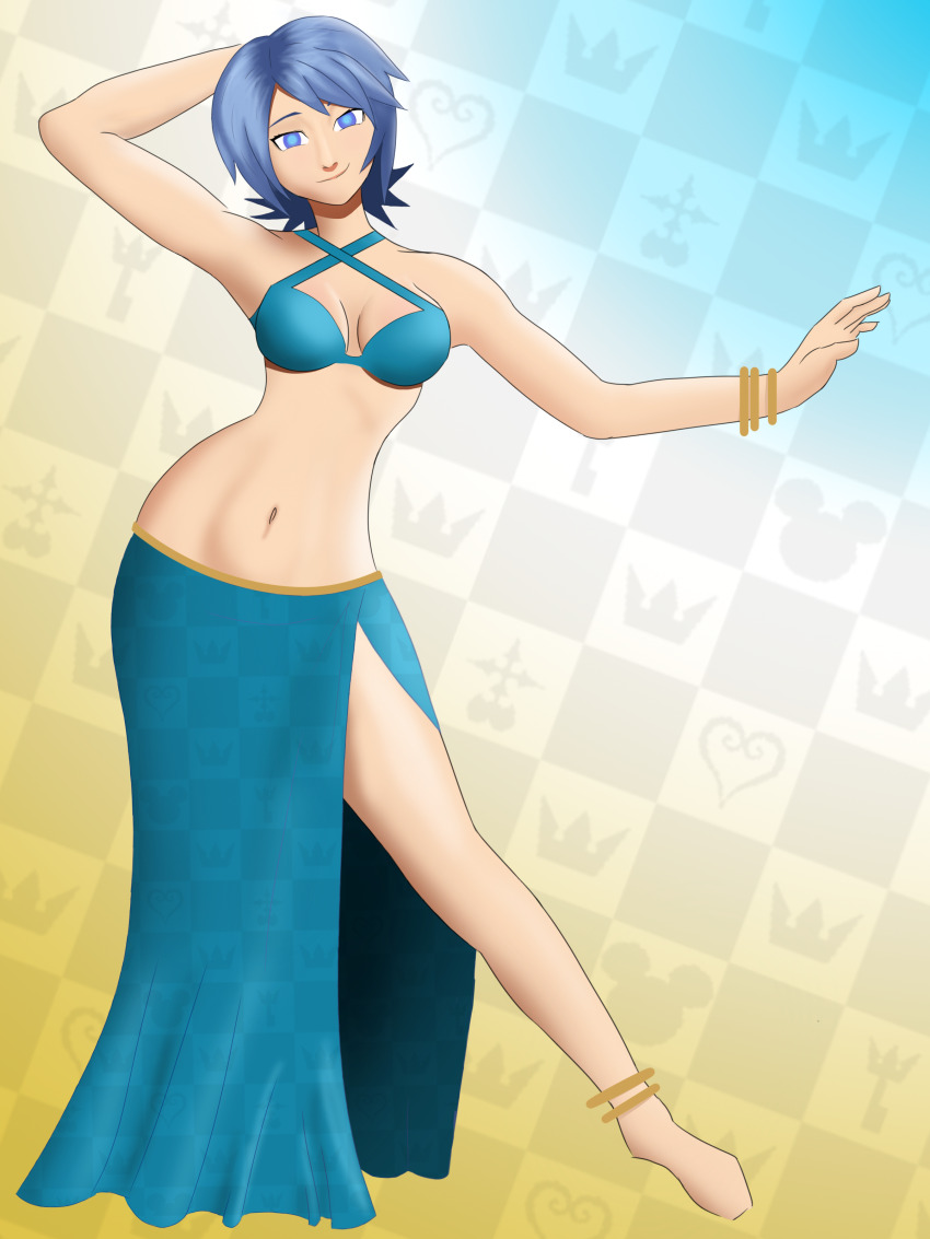 absurdres aqua_(kingdom_hearts) barefoot blue_hair breasts dancing empty_eyes female_only femsub happy_trance harem_outfit kingdom_hearts large_breasts short_hair syas-nomis