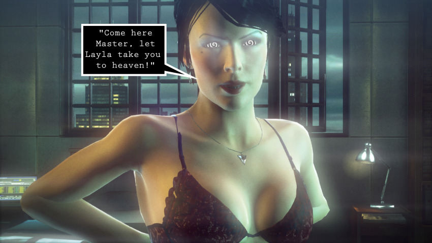 3d bare_shoulders black_hair collarbone femsub hitman_absolution layla_stockton lipstick looking_at_viewer manip milf mole monitor necklace netorare open_mouth ourmonkeymasters_(manipper) red_lipstick screenshot spiral_eyes symbol_in_eyes text