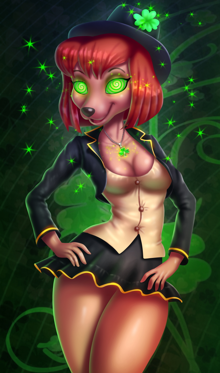 14-bis absurdres an_extremely_goofy_movie bare_legs breasts cleavage collarbone disney dog_girl female_only femsub furry glowing_eyes goof_troop green_background green_eyes hand_on_hip happy_trance hat hourglass_figure hypnotic_accessory jacket large_hips necklace open_mouth red_hair shirt short_hair short_skirt simple_background skirt smile solo spiral_eyes st._patrick's_day standing sylvia_marpole western