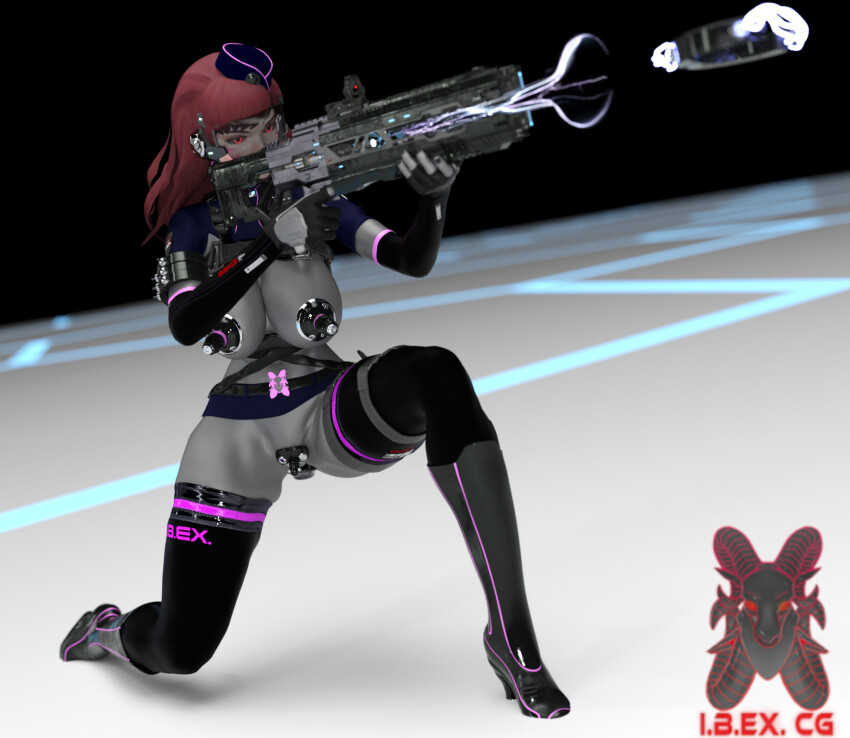3d alternate_costume breasts brown_hair cleavage d.va expressionless female_only femsub glowing glowing_eyes gun huge_breasts ibex-cg indifferent kneeling long_hair miniskirt overwatch pasties pink_eyes robot robotization short_skirt skirt solo text thighhighs tomboy watermark wide_hips