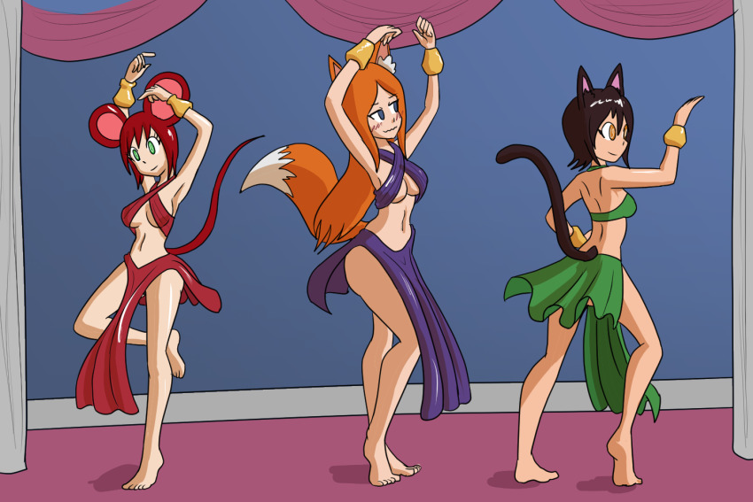 arms_above_head bare_legs barefoot black_hair blue_eyes bracelet cat_girl cleavage dancer empty_eyes fox_girl green_eyes happy_trance harem_outfit jewelry long_hair mouse_girl multiple_girls multiple_subs mythkaz navel orange_hair red_hair short_hair smile underboob yellow_eyes