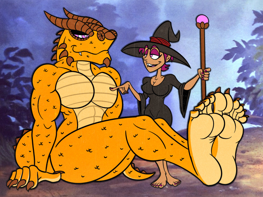 barefoot breasts buck_teeth cleavage dragon_boy dragonborn_(d&d) feet femdom furry happy_trance kaa_eyes magic malesub merla_under-foot muscle_boy open_mouth original pink_eyes purple_hair ring_eyes short_hair sleepy-foot smile tongue topless witch witch_hat