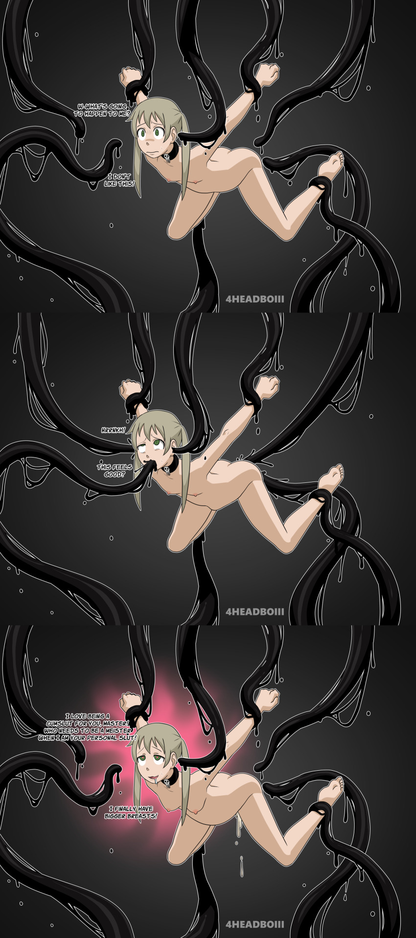 4headboiii anal bare_legs barefoot before_and_after bottomless brain_injection breast_expansion breasts collar corruption dazed drool ear_sex feet femsub flat_chest great_old_one_of_power green_eyes grey_hair heart_eyes hypnotic_tentacle inflation legs maka_albarn nude sequence sex simple_background slime small_breasts soul_eater symbol_in_eyes tentacle_in_mouth tentacle_sex tentacles text topless twintails vaginal
