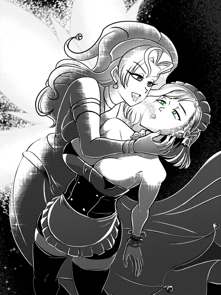 bare_shoulders bell bell_collar character_request choker cleavage collarbone corset cuffs dress earrings energy_drain eyebrows_visible_through_hair female_only femdom femsub floating glowing glowing_eyes green_eyes grey_eyes greyscale hair_band jewelry large_breasts leaning_forward long_hair long_skirt maid maid_headdress majinsfw miniskirt open_mouth original short_hair skirt smile thighhighs tight_clothing veronica_nightingale_(majinsfw) wings