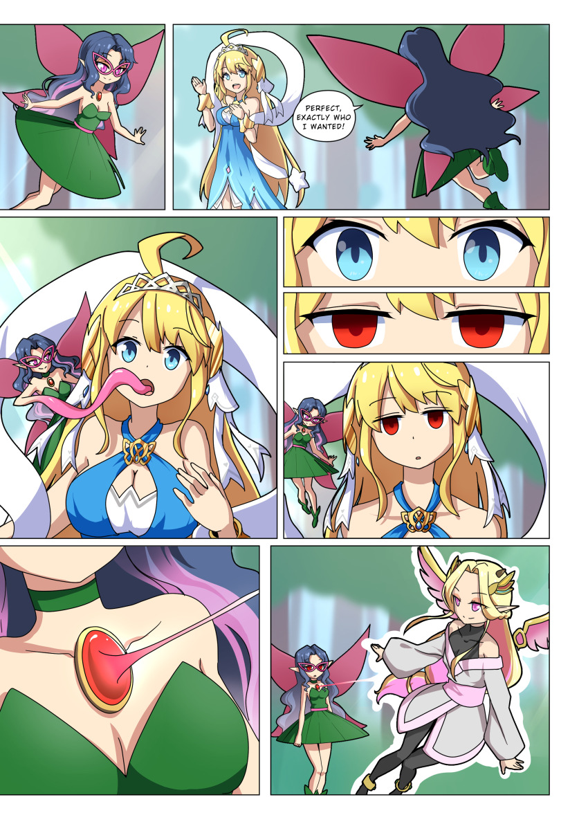 ahoge bare_legs bare_shoulders blonde_hair blue_eyes blue_hair breasts cleavage comic corruption cygames dragalia_lost dress empty_eyes etlabsotwe evil_smile expressionless eyeshadow fairy female_only femdom femsub happy_trance hypnotized_dom jewelry liling_(bluenayru) long_hair looking_at_viewer multicolored_hair nintendo open_mouth original outdoors pink_eyes pink_hair possession pream_(hypnolandom) princess red_eyes smile smug speech_bubble sub_on_sub text wings zethia