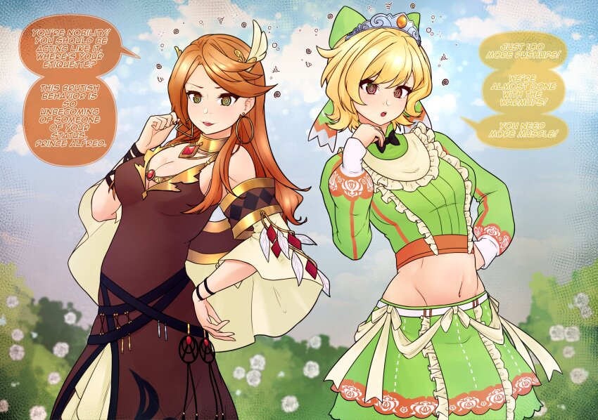 absurdres altered_perception bare_shoulders blonde_hair bow_tie breasts choker citrinne_(fire_emblem) cleavage dazed dialogue dress earrings eshie etie_(fire_emblem) female_only femsub fire_emblem fire_emblem_engage green_eyes hair_ornament hand_on_hip jewelry long_hair memory_alteration multiple_girls multiple_subs navel necklace nintendo open_mouth outdoors red_dress red_eyes red_hair short_hair simple_background skirt smile speech_bubble standing symbol_in_eyes text