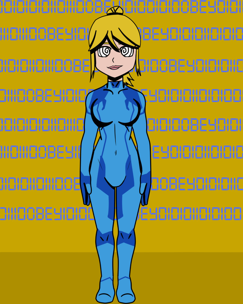 blonde_hair dronification femsub isankura metroid_(series) nintendo samus_aran spiral_eyes tech_control text zero_suit