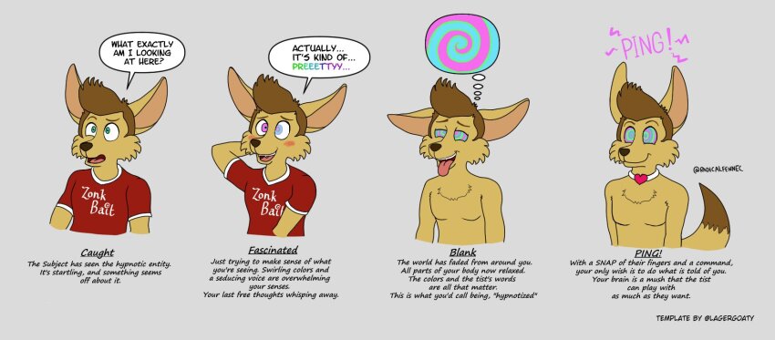 before_and_after brown_hair collar fox_boy furry gradient_text happy_trance kaa_eyes male_only malesub open_mouth original ping radicalfennec spiral text tongue tongue_out topless