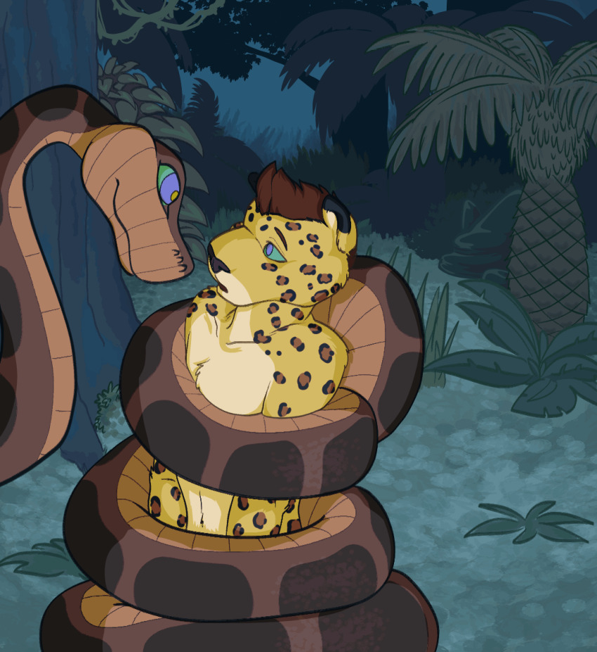 animated animated_gif ash_(ashkelling) coils deeper_happier disney expressionless furry hypnotic_eyes kaa kaa_eyes leopard_boy male_only malesub original snake the_jungle_book topless