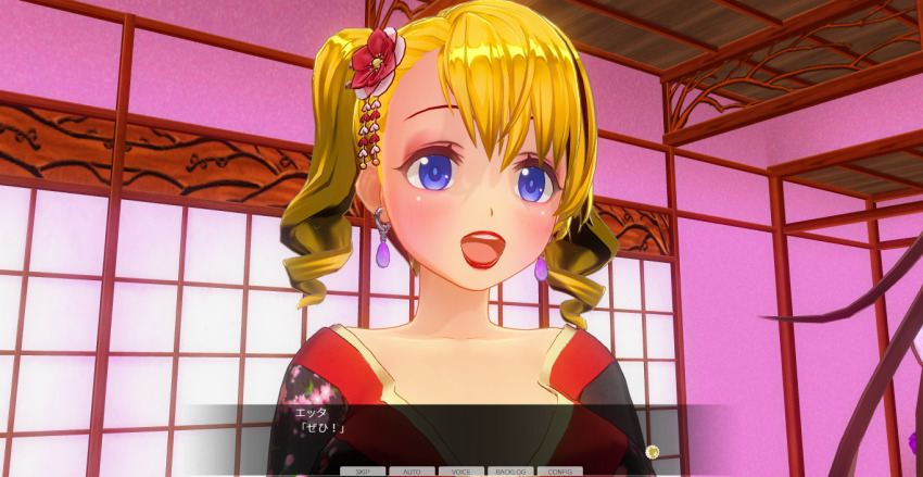 3d blonde_hair blue_eyes blush breasts curly_hair dialogue female_only japanese_clothing kamen_writer_mc kimono large_breasts lipstick mc_trap_town red_lipstick screenshot solo text translated twintails