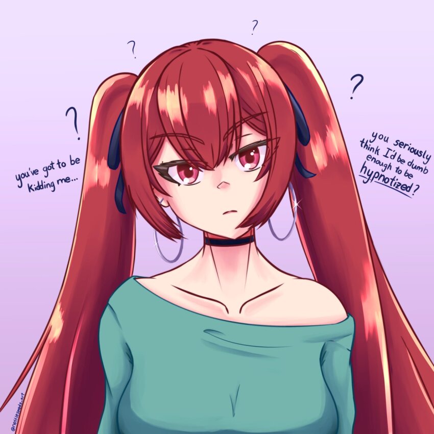 bangs breasts choker clothed collarbone confused denial dialogue earrings eyebrows_visible_through_hair female_only fire_emblem long_hair looking_at_viewer nettleseeds nintendo red_eyes red_hair severa_(fire_emblem) simple_background solo text twintails