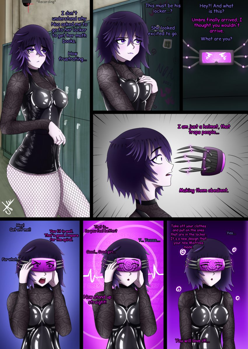 before_and_after body_control bodysuit collar comic female_only femsub goth gothification helmet original purple_eyes purple_hair spiral starlink tech_control text umbra_parker visor