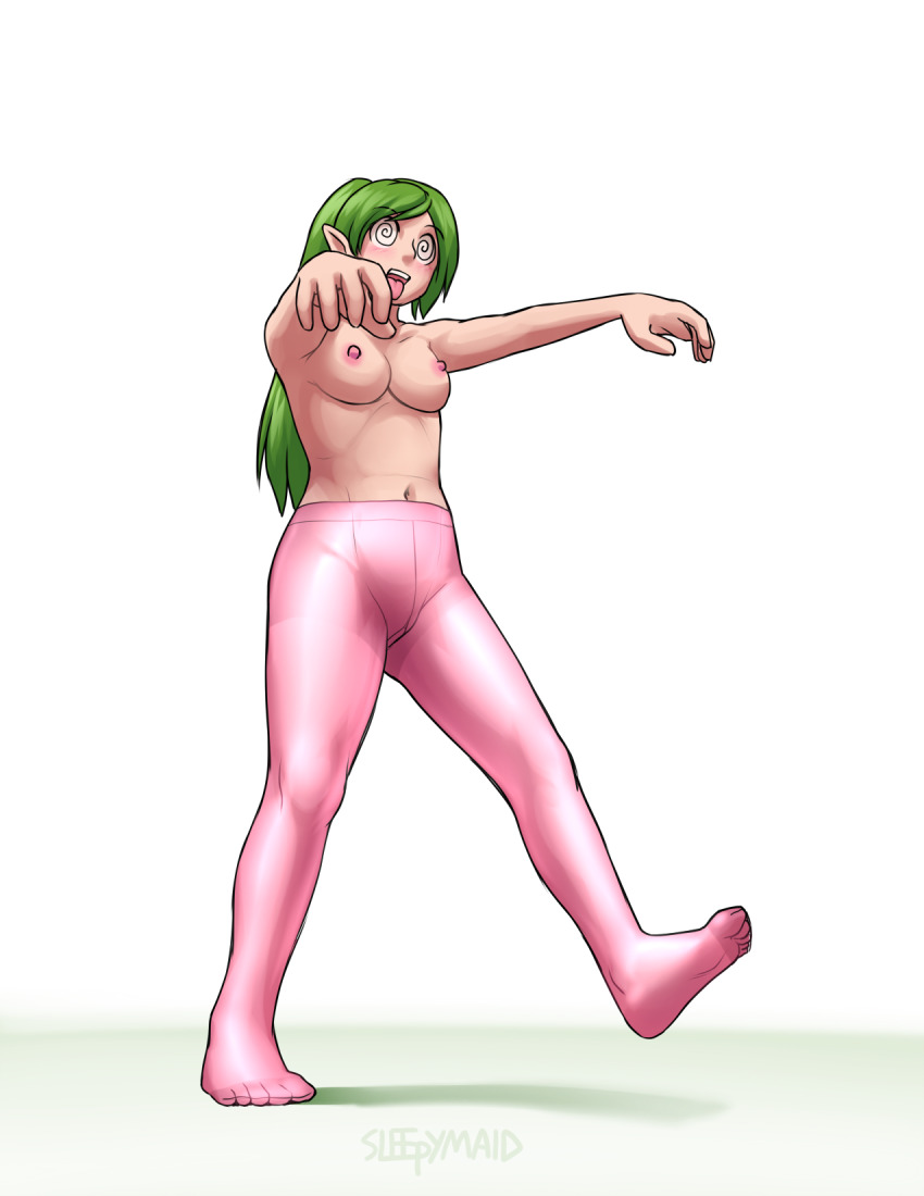 blush breasts elf_ears feet female_only femsub green_hair large_breasts long_hair open_mouth original pantyhose ponytail sleepymaid solo spiral_eyes symbol_in_eyes tongue tongue_out topless zombie_walk
