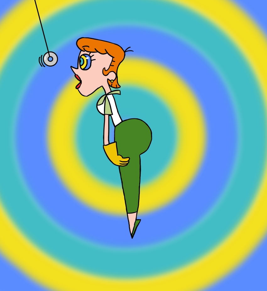 absurdres apron ass breasts dexter's_laboratory earrings expressionless female_only femsub gloves jewelry kaa_eyes large_ass large_breasts lipstick mom_(dexter's_lab) open_mouth orange_hair pendulum red_lipstick short_hair simple_background solo standing tiptoes