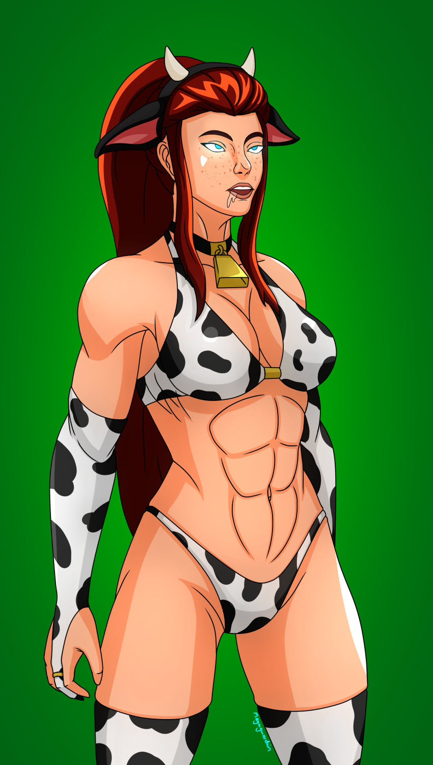 abs absurdres breasts brigitte_(overwatch) brown_hair cow_girl drool empty_eyes female_only femsub glowing glowing_eyes happy_trance horns large_breasts long_hair megaguardain muscle_girl open_mouth overwatch ponytail standing