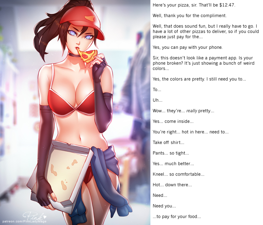alternate_costume alternate_hairstyle bikini bikini_bottom bikini_top breasts caption caption_only female_only femsub food huge_breasts humor large_breasts league_of_legends looking_at_viewer maledom manip midriff pink_lady_mage pizza ponytail pov pov_dom sivir_(league_of_legends) solo spiral_eyes symbol_in_eyes tech_control text themodrenman_(manipper)