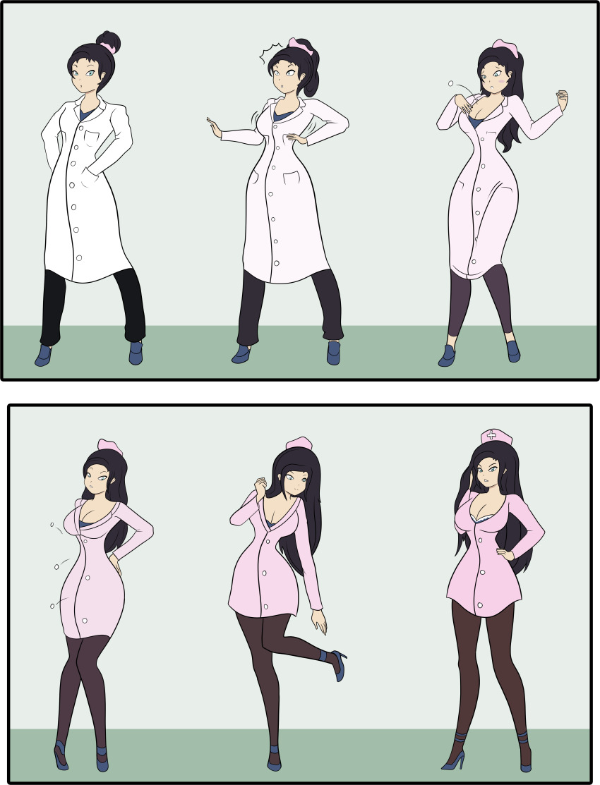 absurdres breast_expansion breasts cleavage db-palette doctor femsub forced_employee hat high_heels nurse sequence thighhighs transformation