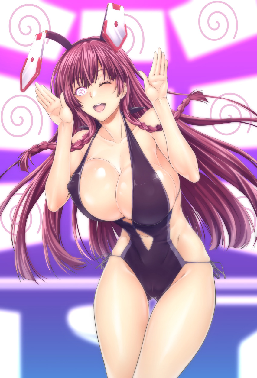 absurdres blush braid breasts bunny_ears bunny_pose cleavage erect_nipples female_only femsub glowing glowing_eyes happy_trance hypnotic_screen icontrol_(manipper) infinite_stratos large_breasts long_hair manip one-piece_swimsuit one_eye_open open_mouth purple_hair solo spiral_eyes swimsuit symbol_in_eyes tabane_shinonono tech_control twin_braids wink zucchini
