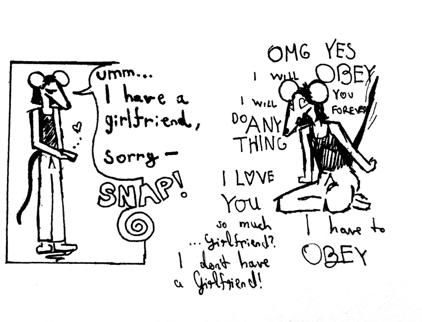 barefoot cheating furry greyscale heart_eyes kneeling memory_alteration pants rat_boy simple_background sketch speech_bubble tail tank_top text trigger white_background