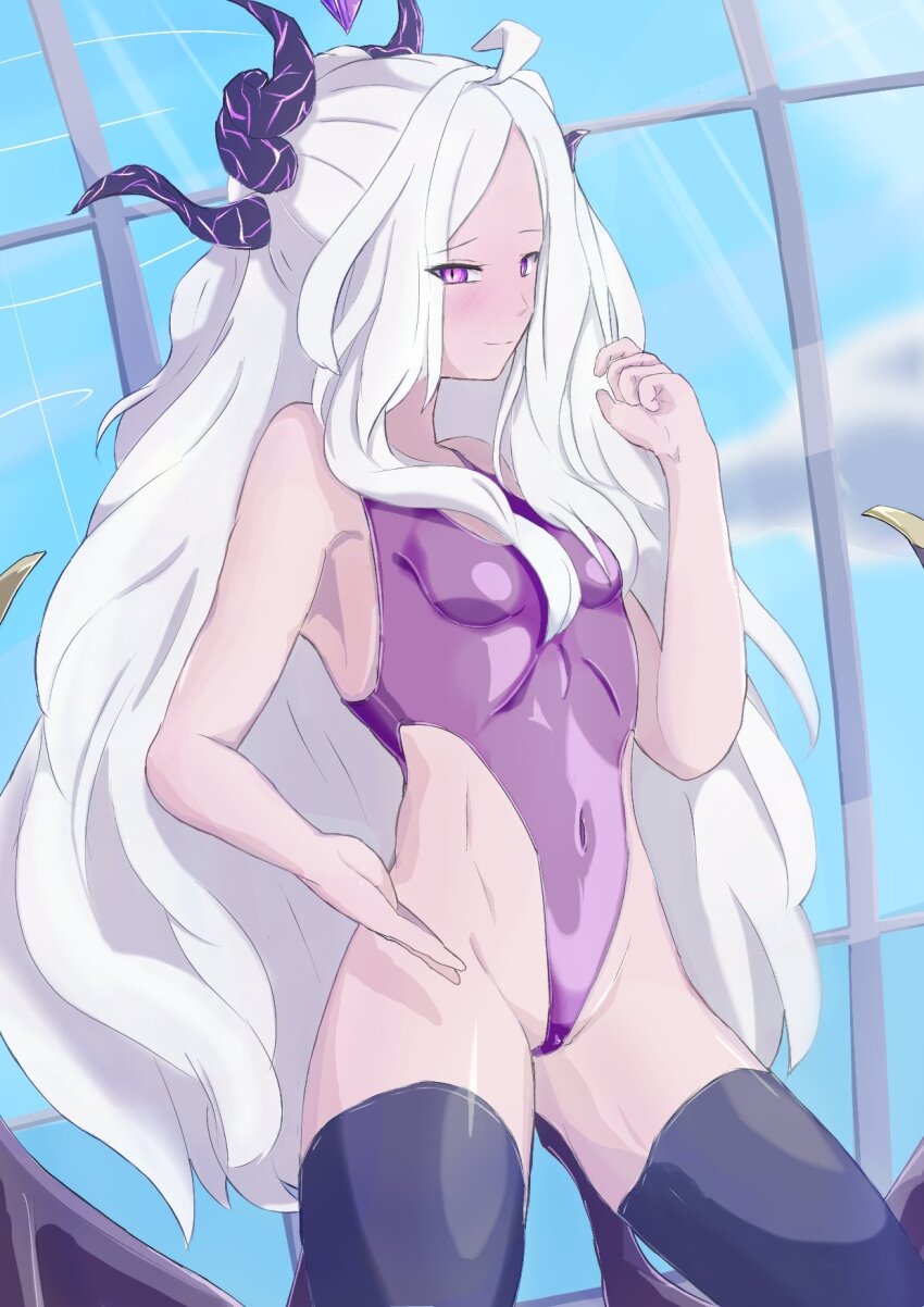 ahoge armpits blue_archive blush character_request cleavage collarbone copyright_request eyebrows_visible_through_hair female_only femsub haigure happy_trance hen_human hina_(blue_archive) horns leotard long_hair looking_at_viewer one-piece_swimsuit purple_eyes slit_pupils small_breasts smile solo swimsuit thighhighs white_hair