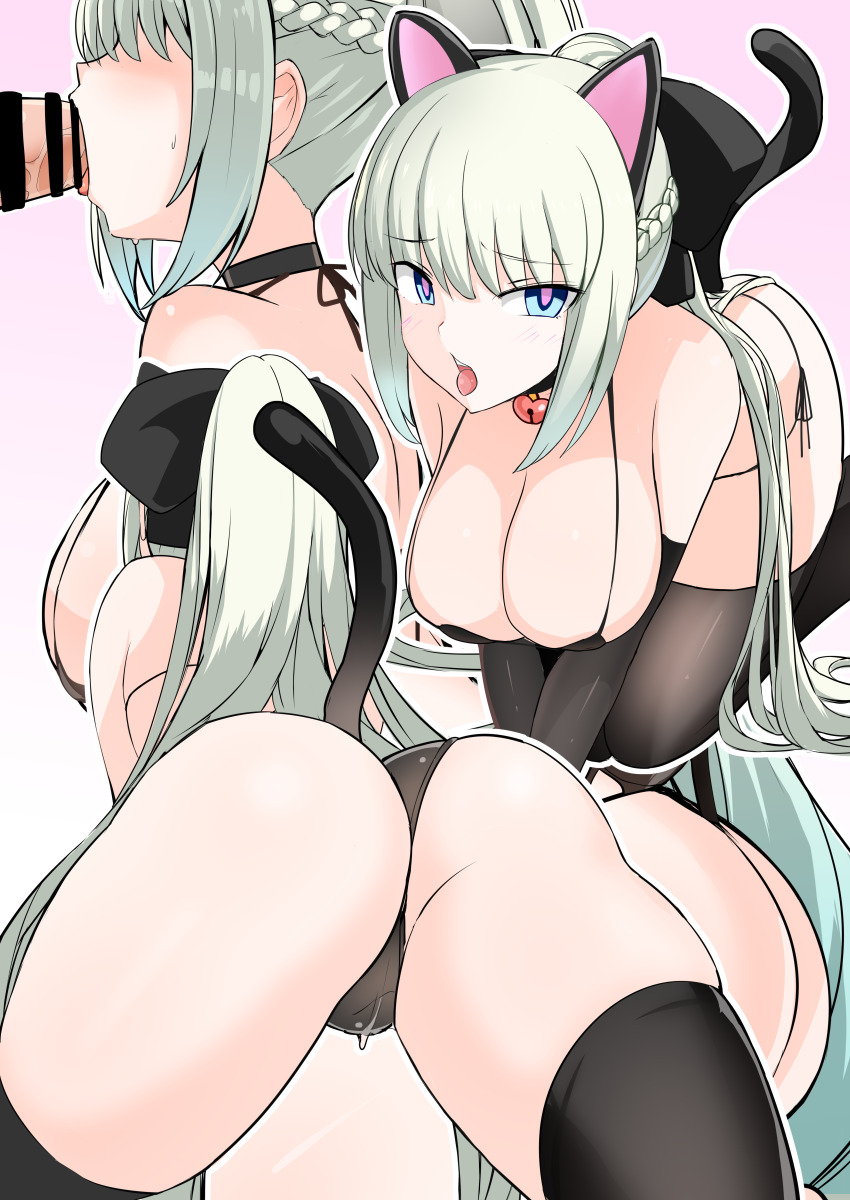 absurdres animal_ears ass before_and_after bell_collar blue_eyes blush bra breasts cat_ears cat_girl censored collar fake_animal_ears fate/grand_order fate_(series) femsub gloves hair_ribbon hanging_breasts large_ass large_breasts long_hair maledom morgan_le_fey_(fate) multicolored_hair multiple_views oral panties panting pink_eyes pussy_juice sideboob simple_background tail thighhighs thighs tongue tongue_out yoosai