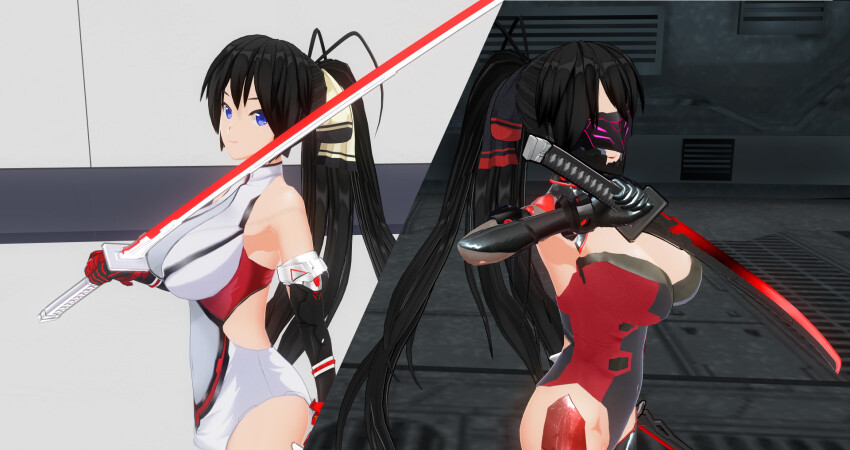 3d alternate_color_scheme armpits bare_shoulders before_and_after black_hair blue_eyes cleavage corruption custom_maid_3d_2 female_only femsub gloves houki_(numbersnanoha) large_breasts leotard looking_at_viewer numbersnanoha opera_gloves ponytail ribbon shoulder_pads smile sword tech_control thighhighs visor weapon