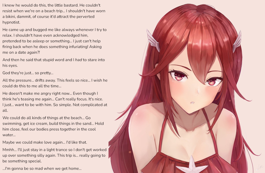 aware bangs blush caption caption_only collarbone cordelia_(fire_emblem_awakening) female_only femsub fire_emblem fire_emblem_awakening happy_trance leaning_forward looking_at_viewer maledom monsieurchuchote_(writer) nintendo open_mouth pov_dom red_eyes red_hair solo swimsuit text wholesome